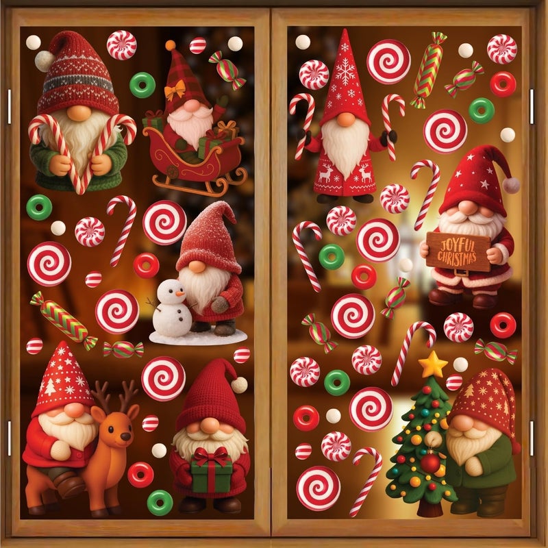 WALPLUS Christmas Window Clings Decorations Double-Sided Reusable Peel and Stick Removable for Glass Living Room Nursery Room Home Office Holiday Gnomies and Candy Delights 186 Pieces - Image 1